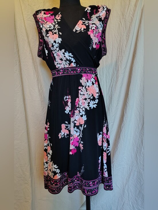 Apt. 9 Dresses & Skirts - Apt. 9 Black Midi Wrap Dress with Pink and White Floral Print Women's Large